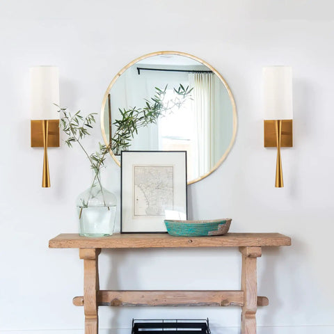 Antique Brass Wall Sconce Set Of 2 With Cream White Fabric Shade, Modern Brush Finish, Dimmable Go-To Lighting For Vanity, Stairway, Fireplace, Kitchen, Living Room And Bedside