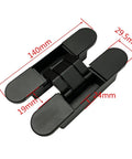 Two Piece Side Wooden Door Hidden Hinge 180 Degree Wide Spacing Invisible Cross Casement Gate Hinge with measurements.