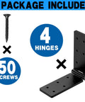 Heavy Duty Gate Hinges 4 Pack Featuring 270 Degree Swivel Action Made From Rust Resistant Steel For Wood Fences Barn Doors And Livestock Gates showing 4 hinges and 50 screws.