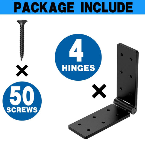 Heavy Duty Gate Hinges 4 Pack Featuring 270 Degree Swivel Action Made From Rust Resistant Steel For Wood Fences Barn Doors And Livestock Gates showing 4 hinges and 50 screws.