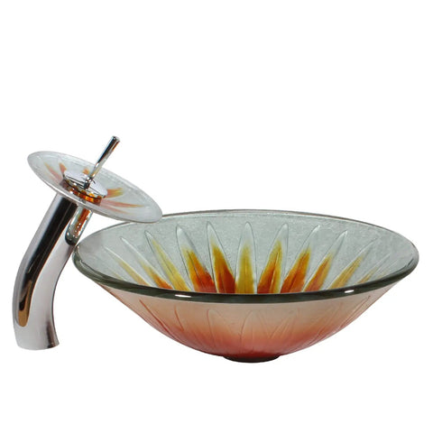 USZWBY Bathroom Vessel Sink,Tempered Glass Vessel Sink Bowl with Faucet Set,Round Bowl Artistic design with smooth edges.