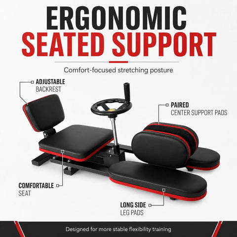 Ergonomic seated support leg stretcher machine featuring adjustable backrest and paired center support pads for comfort.