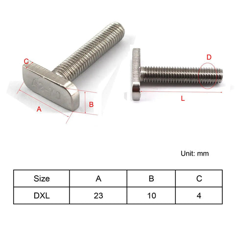 Built Tough M8 By 30 Millimeter Grade 304 Stainless Steel T Slot Bolts showing dimensions A, B, and C for installation details.