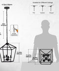 Diagram of Dope Industrial Black Lantern Chandelier With Farmhouse Metal Cage dimensions and adjustable chain for various ceilings.