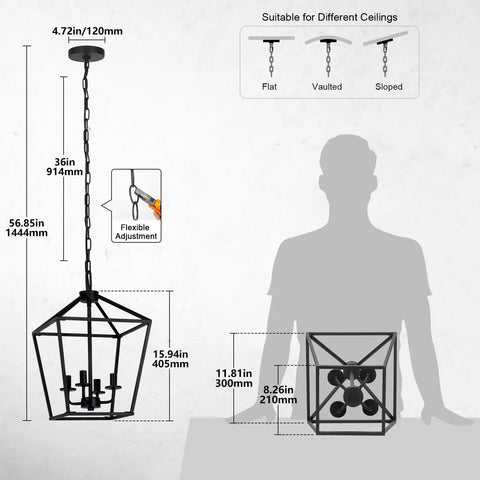 Diagram of Dope Industrial Black Lantern Chandelier With Farmhouse Metal Cage dimensions and adjustable chain for various ceilings.