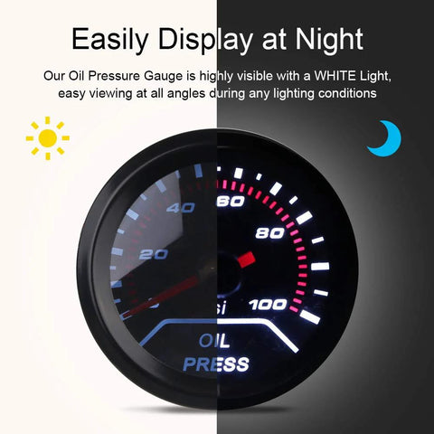 Waterwich oil pressure gauge kit, 0-100 psi, 2 in (52 mm) gauge for 4/6/8-cylinder engines, front view
