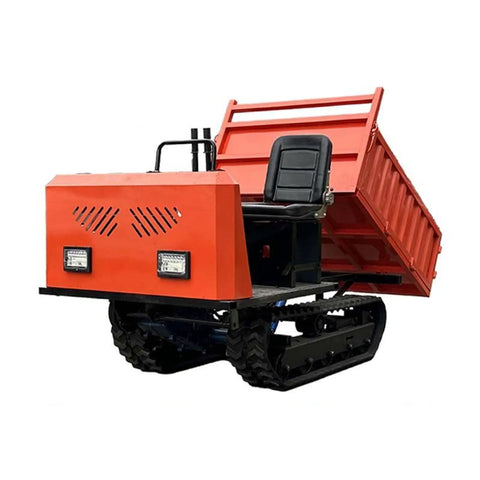 Heavy Duty Mini Crawler Dumper Featuring Rock Solid Hydraulic Dump Bed, Custom Configurable Compact Track Hauler For Ranch Work And Dirt Jobs, Pro Level Build That Gets Heavy Lifting Done Right with tilted dump bed and seat.