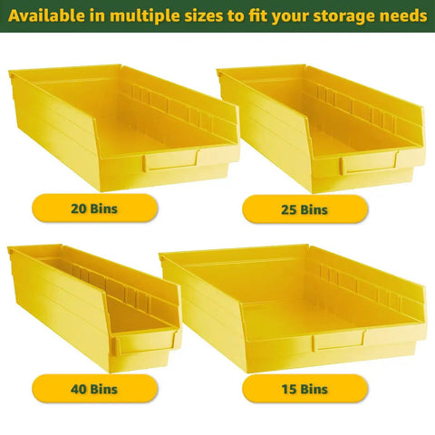 Heavy Duty Chrome Wire Utility Rack With 25 Large Slanted Storage Bins For Badass Garage Workshop And Commercial Tool Organization Hardware Solutions Yellow showing 20, 25, 40, and 15 large yellow plastic bins.