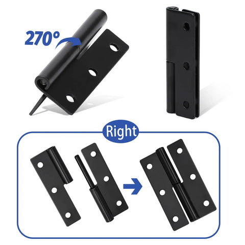 No Sweat Quick Swap Heavy Duty Black Lift Off Hinges 2 Pack Rustproof Stainless Steel Detachable Split Hinges for Cabinet Doors showcasing 270-degree rotation.