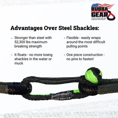 Gator Jaw Pro Synthetic Shackle 7/16 Inch For Off Road Recovery showing advantages over steel shackles