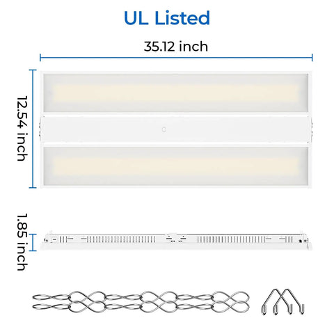 Built Different 3 Foot Led Linear High Bay Light with adjustable power, showing dimensions and included mounting accessories.