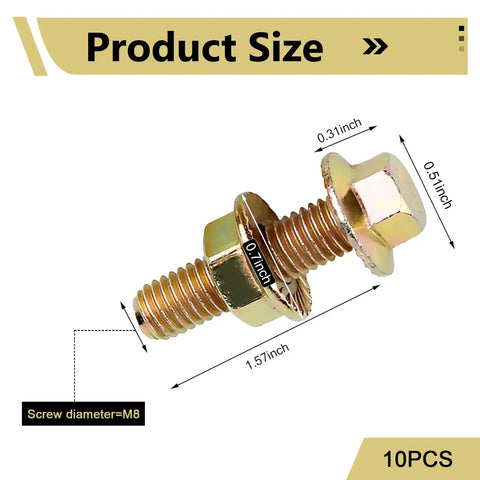 Exhaust Manifold Bolt Kit 10 Piece High Strength Carbon Steel Hex Head Flange Screws With Anti Slip Fasteners close-up with measurements