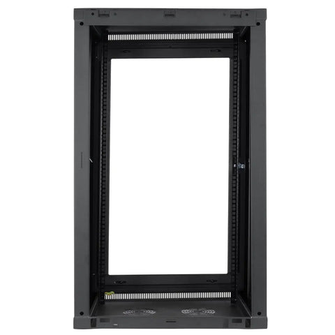 Heavy Hitter 21U Wall Mount Server Cabinet With Clear Acrylic Window, 16.5 Inch Deep, black steel frame design, ideal for tight spaces.