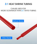 Red heat shrink tubing illustrating before and after shrink for Heat Shrink Tubing Kit 3 To 1 Ratio Dual Wall Electrical Insulation 48 Pcs Assortment For Wire Harness Marine Automotive Rugged Industrial Use Sweet For Data Cables And Home Wiring Fixes.