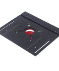 High Grade Router Table Insert Kit With Smooth Crank Handle Height Control For Woodworking showing matte black metal base plate with measurement markings.