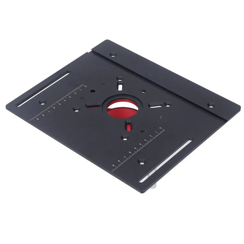 High Grade Router Table Insert Kit With Smooth Crank Handle Height Control For Woodworking showing matte black metal base plate with measurement markings.