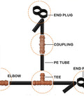 Diagram of Durable 26 Piece Irrigation Fittings Kit For One Half Inch Tubing With Eight Couplings Six Tees Six Elbows Six End Cap Plugs