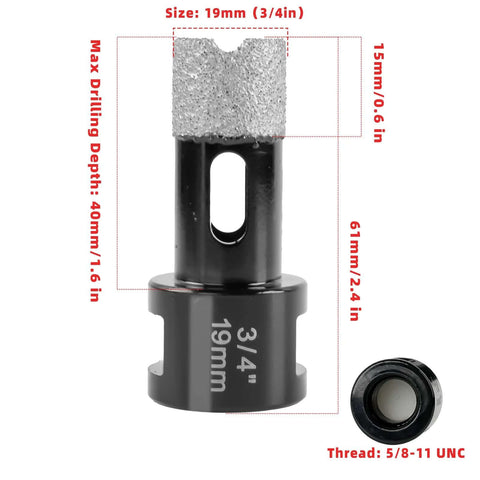 ZKH diamond core drill bit, 3/4 in tile hole saw with vacuum brazed diamond coating, 5/8-11 UNC thread.
