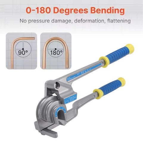 Pocreations 180 Degree Manual Pipe Bender Tool 3 In 1 Lever for 1/4 3/8 1/2 Inch OD Copper Aluminum Pipes with bending angles.