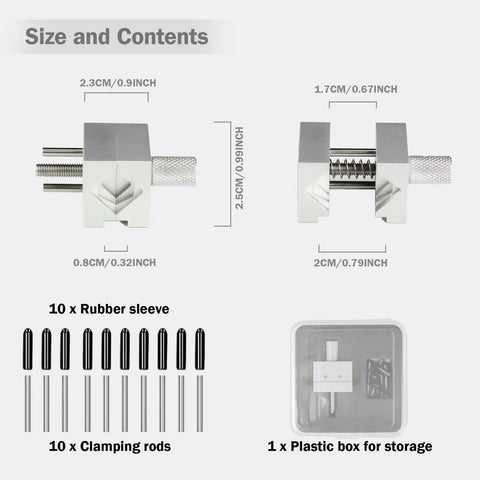 Slick Tabletop Mini Vise Legit Heavy Duty Bench Clamp For Jewelry Crafting Electronics Repair And Gunpla Assembly showing size and accessory details.