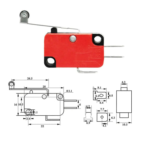 20 Pack V 156 1C25 SPDT Limit Switches with silver contacts, roller lever actuator, red casing, and dimensions diagram