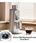 Premium Electric Single Dose Coffee Grinder With 63mm CNC Conical Burrs And Stepless Adjustment Anti Static Ground Collection Bin For Smooth As Silk Espresso And Hit The Spot Pour Over Brewing In Matte Black, showcasing 63mm CNC machined cone burrs.