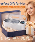 Ultrasonic Jewelry Cleaner Delivers Knockout Deep Clean With 48KHz Waves 440Ml Tank in gift box, stainless steel with touch controls.