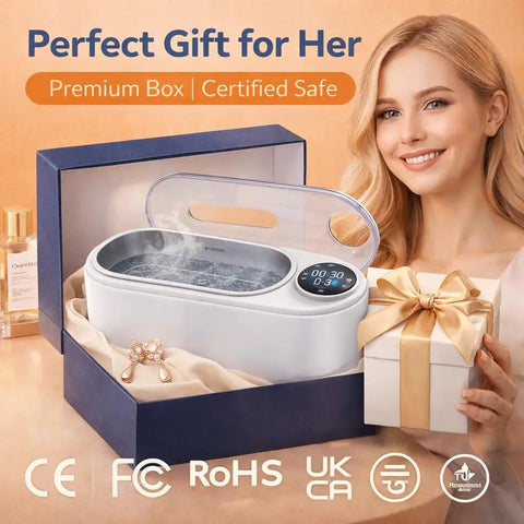 Ultrasonic Jewelry Cleaner Delivers Knockout Deep Clean With 48KHz Waves 440Ml Tank in gift box, stainless steel with touch controls.