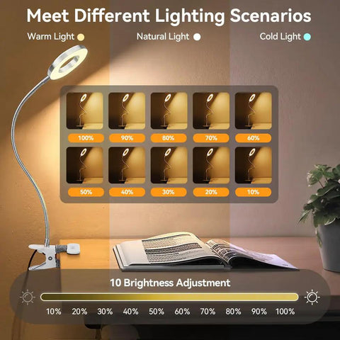 Clip On LED Desk Light With Clamp And Flexible Gooseneck 3 Color Modes And 10 Brightness Levels display on table