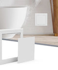 Heavy Duty Self Adhesive Access Panel 8X8 Drywall Hole Cover, white plastic plug shown near tub, easy install for plumbing access.