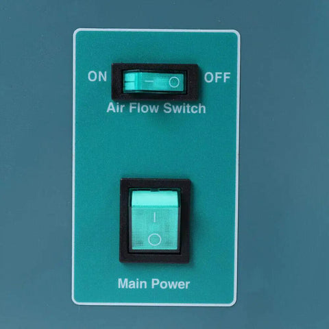 Control panel for Straight Up Digital Convection Oven Featuring Pretty Dang Durable Stainless Steel Interior with air flow and main power switches.