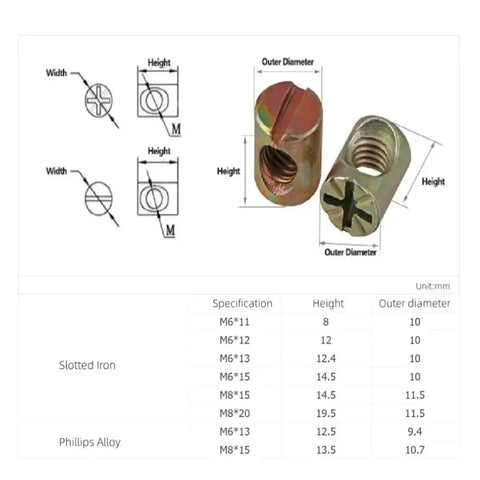 M6 And M8 Barrel Nuts For Furniture Assembly, Cross Dowel With Horizontal Slot, design and measurements shown