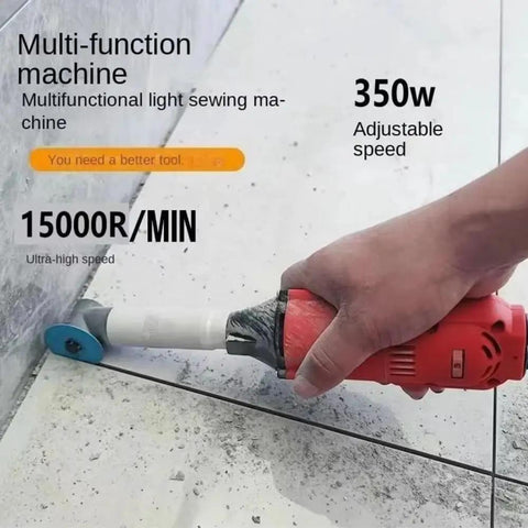 Knockout Compact Angle Grinder With A Solid 90 Degree Elbow Head For Tough Cutting Grinding And Polishing In Tight Squeezes Backed By Reliable Dual Voltage Muscle in use on surface with dust.