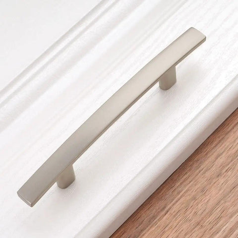 Close-up of 20 Pack 3 Inch Brushed Nickel Kitchen Cabinet Pulls Satin Silver Handles For Cabinets And Furniture Smooth Rounded Corners Prevent Snags Easy Grip Beefy Solid Metal Hardware For Kitchen Bedroom Dresser Cupboard on white drawer