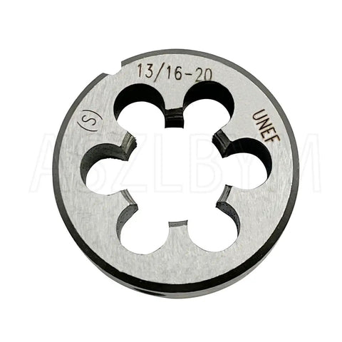 Pro Grade 13/16-20 HSS Tap And Die Set For UNEF Threads, showing round die tool for precision threading, silver metal