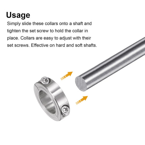 Heavy Duty Split Clamp On Shaft Collar For 1-1/8 Inch Shaft, Two-Piece Clamp, usage illustration with shaft and collar.