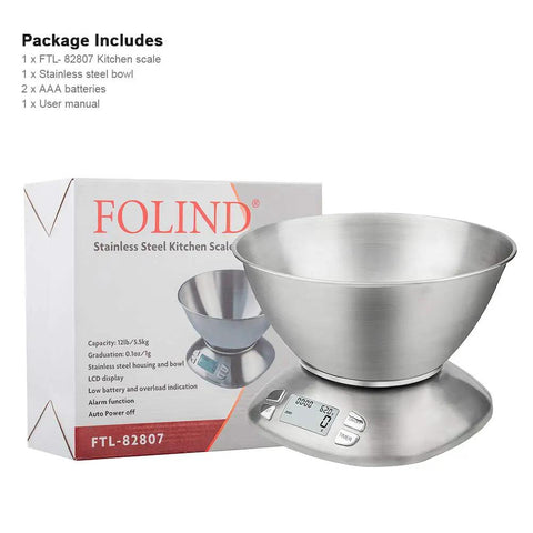 Removable Bowl Kitchen Scale 2.5L Capacity 12 lb 5.5 kg Stainless Steel Food Scale For Cookin And Bakin With Backlit Display