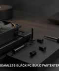 Alt Tag: Self Tapping Screws Black Carbon Steel Fastener Kit for your PC case build shown securing a fan to a frame.