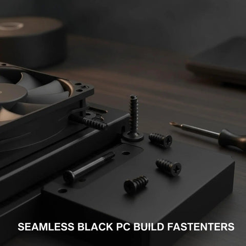 Alt Tag: Self Tapping Screws Black Carbon Steel Fastener Kit for your PC case build shown securing a fan to a frame.