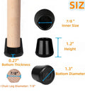 Top Shelf Non Slip Rubber Chair Leg Tips Caps Kick Ass On Floors Heavy Duty Stool Protector Covers For Wood Tables And Chairs Set Of Twelve In Matte Black Straight Up dimensions showing 7/8 inch inner size, 1.2 inch height, 0.27 inch bottom thickness.