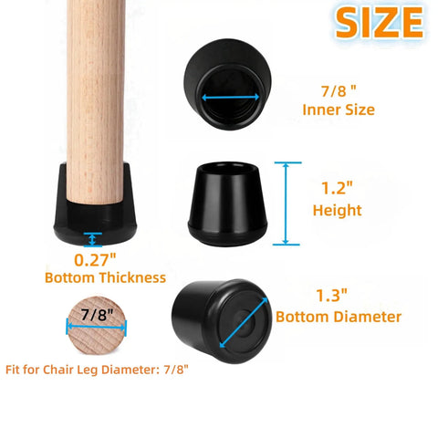 Top Shelf Non Slip Rubber Chair Leg Tips Caps Kick Ass On Floors Heavy Duty Stool Protector Covers For Wood Tables And Chairs Set Of Twelve In Matte Black Straight Up dimensions showing 7/8 inch inner size, 1.2 inch height, 0.27 inch bottom thickness.