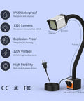 Magnetic LED Work Light With Flexible Gooseneck, 1320 Lumen 120V, 12W, Adjustable Magnetic Base, Ideal for CNC Milling, Drill Press