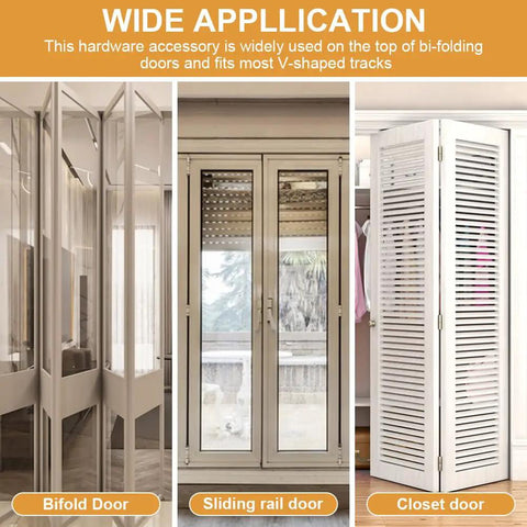 Heavy Duty Bifold Door Top Pivot Hardware Kit For Smooth Closet And Barn Door Upgrades Quick Swap Replacement Pieces displayed on bifold and sliding rail doors.