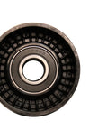 Front view of Gates DriveAlign belt drive idler pulley, black plastic housing with metal bearing bore
