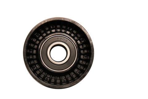 Front view of Gates DriveAlign belt drive idler pulley, black plastic housing with metal bearing bore