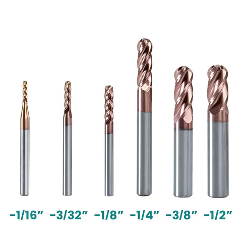 Set of six TiSiN-coated ball-nose end mills in increasing diameters (1/16", 3/32", 1/8", 1/4", 3/8", 1/2").