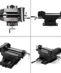 Four angles of 6 Inch Drill Press Vise With Cross Slide, Built Like A Tank Heavy Duty Milling Vise Holder, Double Direction Cross Clamp, Metal Cast Iron Build, Bench Mount Machining Vise For Precise Drilling And Milling
