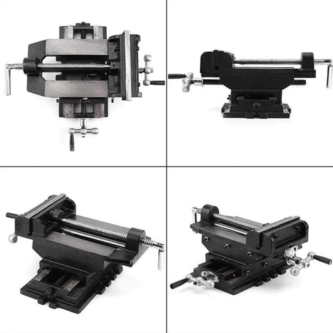 Four angles of 6 Inch Drill Press Vise With Cross Slide, Built Like A Tank Heavy Duty Milling Vise Holder, Double Direction Cross Clamp, Metal Cast Iron Build, Bench Mount Machining Vise For Precise Drilling And Milling