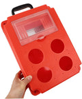 Portable Weatherproof Outdoor Electrical Junction Box With Impact Resistant Plastic Enclosure in hand showing red exterior