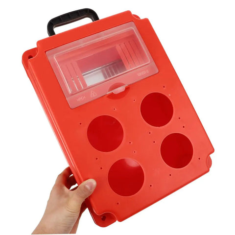 Portable Weatherproof Outdoor Electrical Junction Box With Impact Resistant Plastic Enclosure in hand showing red exterior